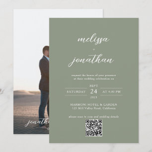 Invitation Mariage Code QR Photo Script Vert Sauge Atténué