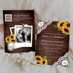 Invitation Mariage Code QR Photo Tournesol Dentelle Bois Rust