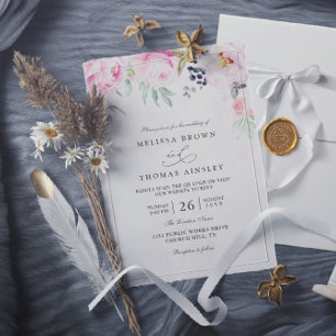 Invitation Mariage Code QR Pivoine Florale Aquarelle Rose Pâl
