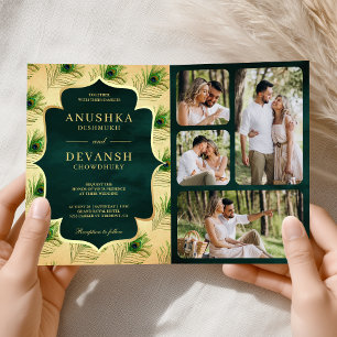 Invitation Mariage Code QR Plumes de Paon Vert Vintage