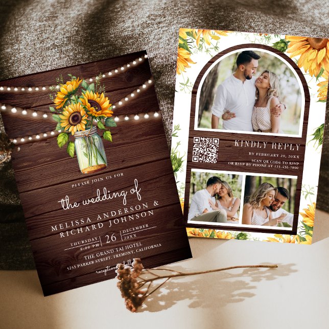Invitation Mariage Code QR Pot Mason Tournesols Bois Rustique (Créateur téléchargé)