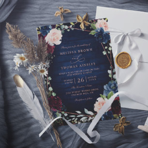 Invitation Mariage Code QR Rose Gold Burgundy Navy Blush