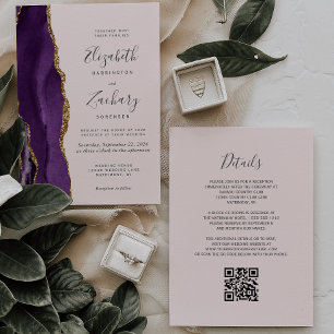 Invitation Mariage Code QR Rose Pâle Agate Or Violet