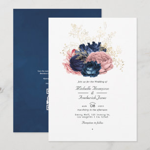 Invitation Mariage Code QR Roses Vintage Bleu Marine et Rose
