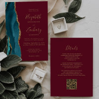 Mariage Code QR Rouge Bourgogne Agate Or Sarcelle