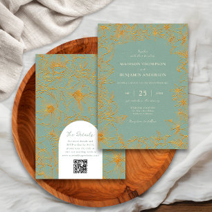 Invitation Mariage Code QR RSVP Arc Floral Vert Sauge et Or