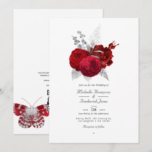 Invitation Mariage code QR RSVP Rose vintage rouge et argent