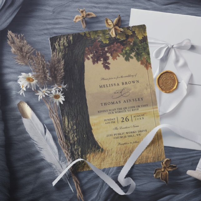 Invitation Mariage Code QR Rustique de Campagne d'Arbre de Ch (Créateur téléchargé)