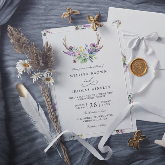 Invitation Mariage Code QR Rustique Fleurs Sauvages Bois de C (Créateur téléchargé)
