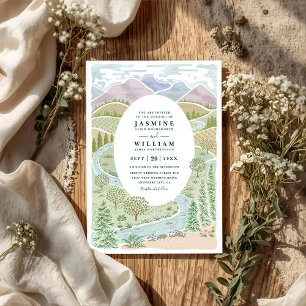 Invitation Mariage Code QR Rustique Forêt Rivière Montagne Ar
