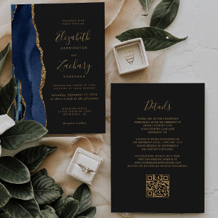 Invitation Mariage Code QR Sombre Agate Or Bleu Marine