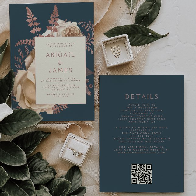 Invitation Mariage Code QR Téal Or Rose Ivoire Floral (Créateur téléchargé)