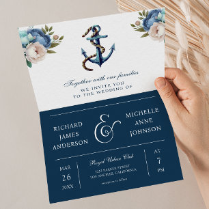 Invitation Mariage code QR tout-en-un à l'ancre florale bleu 