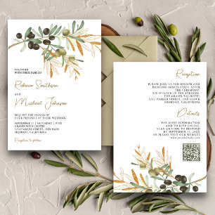 Invitation Mariage Code QR Tout en Un Feuilles d'Olivier Rust