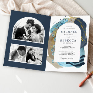 Invitation Mariage Code QR Traits Pinceau Taupe Bleu Marine B