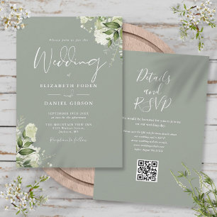 Invitation Mariage Code QR Vert Sage Floral Végétal