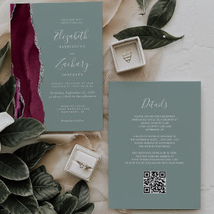 Invitation Mariage Code QR Vert Sauge Agate Argent Bourgogne