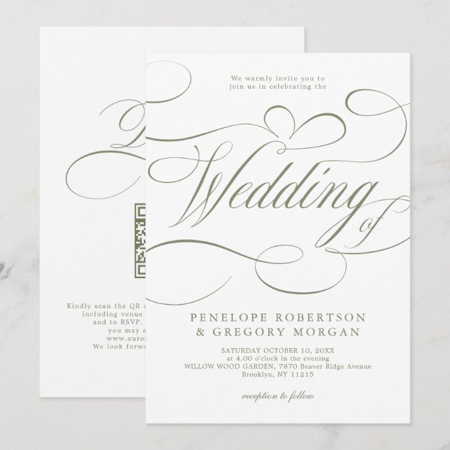 Invitation Mariage code QR vert sauge calligraphie moderne (Devant / Derrière)