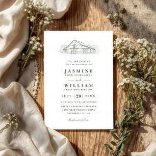 Invitation Mariage Code QR Vert Sauge Grange Rustique Ligne A