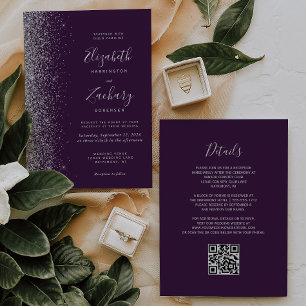 Invitation Mariage Code QR Violet Foncé Paillettes Argentées
