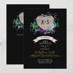 Invitation Mariage Coeur Éternel Inviter Floral Violet Noir