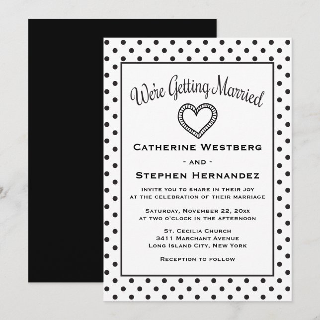 Invitation Mariage Coeur noir et blanc Polka (Devant / Derrière)