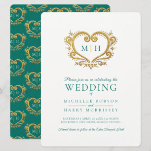 Invitation Mariage coeur or vert émeraude foncé et blanc