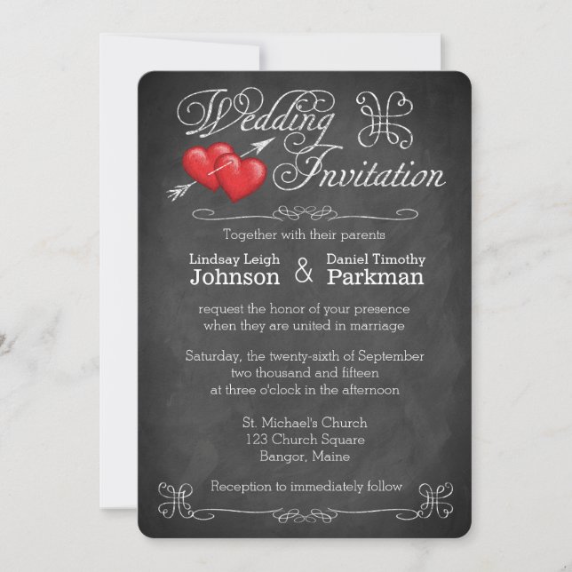 Invitation Mariage| Coeurs d'amour, manuscrits| Tableau de bo (Devant)