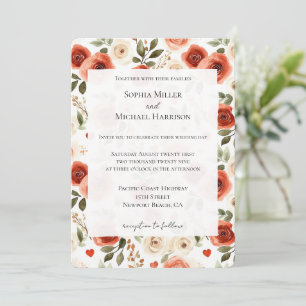 Invitation Mariage coeurs et fleurs rouge crème