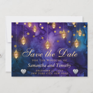 Invitation Mariage coeurs scintillants lanterne pourpre et or