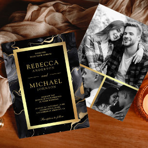 Invitation Mariage Collage Photo à l'encre fluide Or Noir