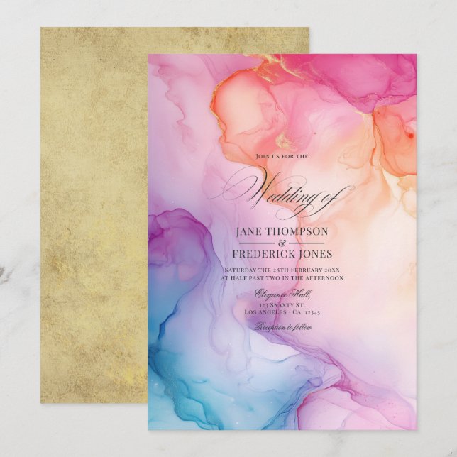 Invitation Mariage coloré avec accents or (Devant / Derrière)
