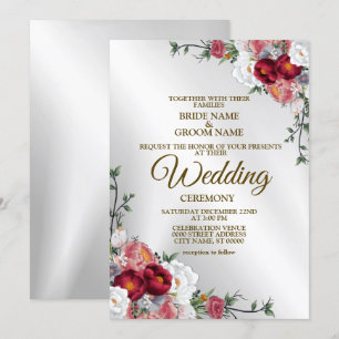 Invitation Mariage Colorful Rouge Blanc Floral Argent élégant