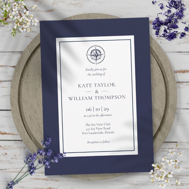Invitation Mariage Compas Bleu Marine Et Blanc (Nautical Compass Navy Blue And White Wedding Invitation)