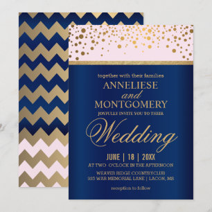 Invitation Mariage Confetti bleu marine, rose et or