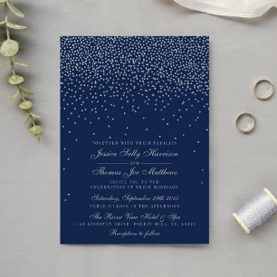 Invitation Mariage Confetti en argent de marine bleu et de gl