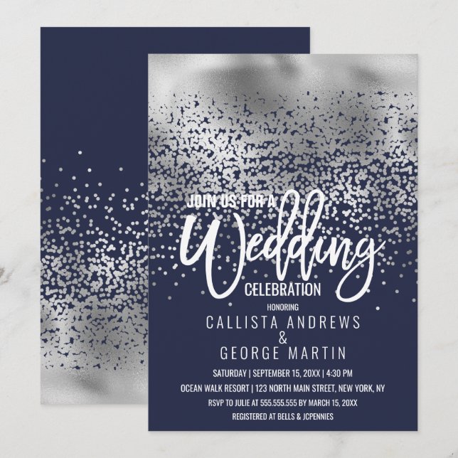 Invitation Mariage Confetti Ombre de la marine moderne (Devant / Derrière)