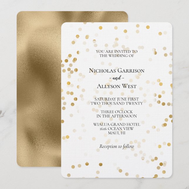 Invitation Mariage Confetti Or Blanc (Devant / Derrière)