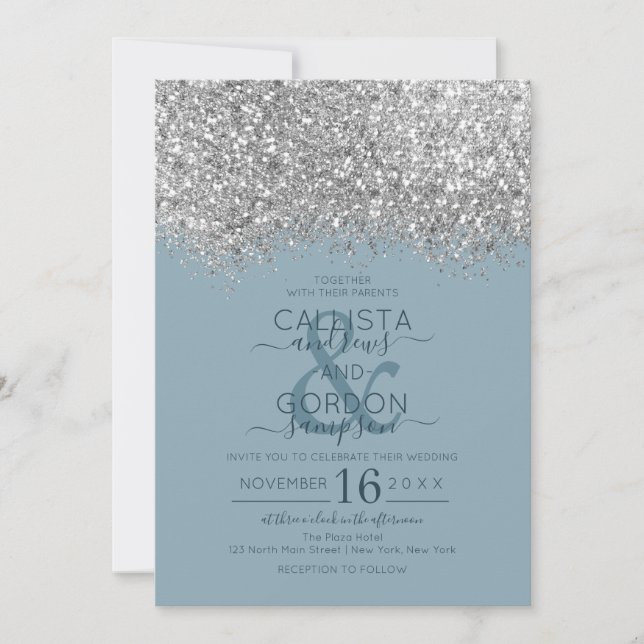 Invitation Mariage Confetti Parties scintillant bleu argent d (Devant)