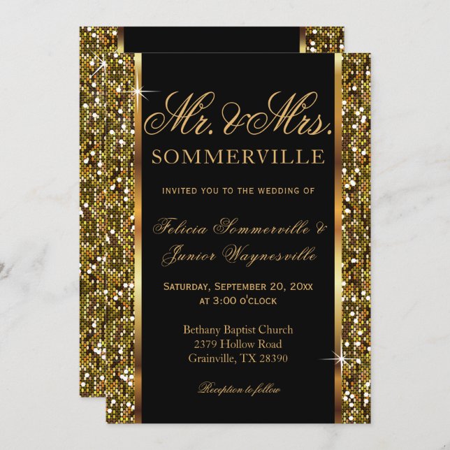 Invitation Mariage Confetti Parties scintillant or (Devant / Derrière)
