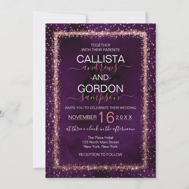Invitation Mariage Confetti Rose violet doré arrosé (Devant)