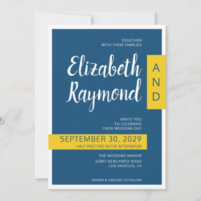 Invitation Mariage contemporain moderne bleu & jaune minimal (Devant)