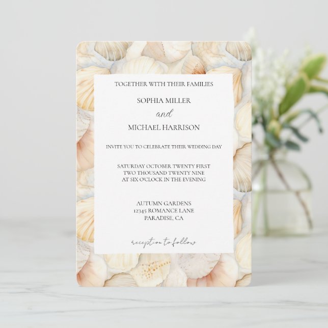 Invitation Mariage Coquilles de Mer Crème Ivoire Plage (Debout devant)