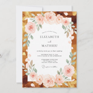 Invitation Mariage Corail Champagne Feuille d'Or