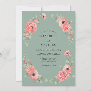 Invitation Mariage Corail Chaud Pivoine Menthe