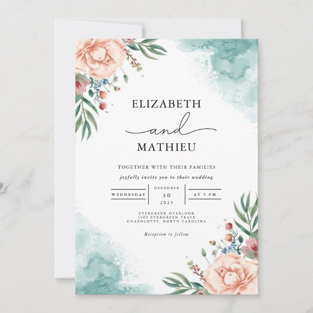 Invitation Mariage corail et arche en fleur Turquoise (Devant)