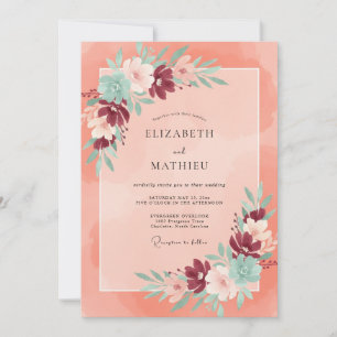 Invitation Mariage Corail et Pivoine bordeaux