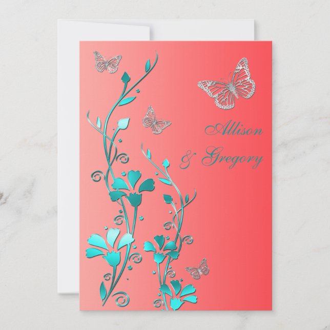 Invitation Mariage| Coral Aqua Grey| Floral| Papillons (Devant)