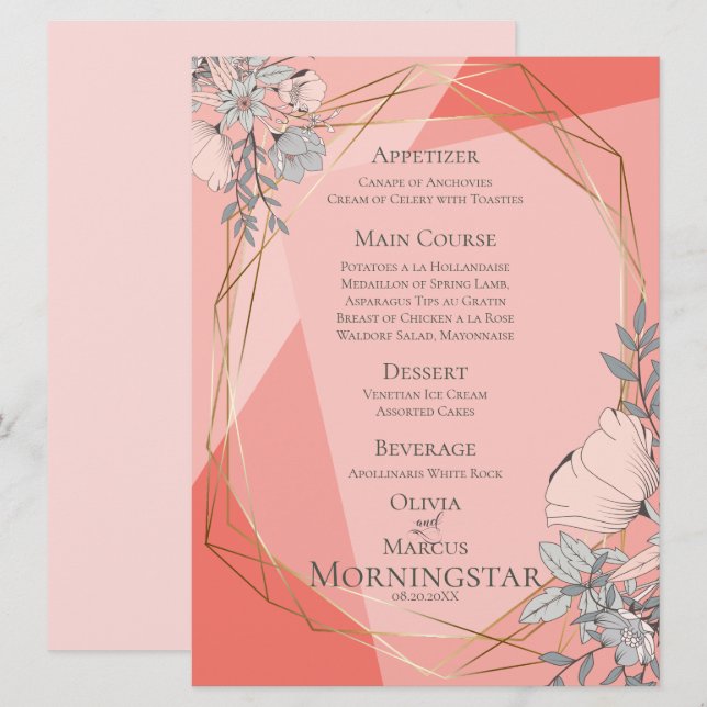 Invitation Mariage Coral Floral cadre géométrique or (Devant / Derrière)