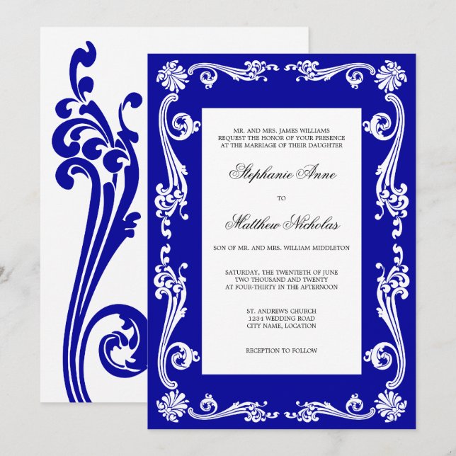 Invitation Mariage Cosmopolite Royal Blue Flourish (Devant / Derrière)